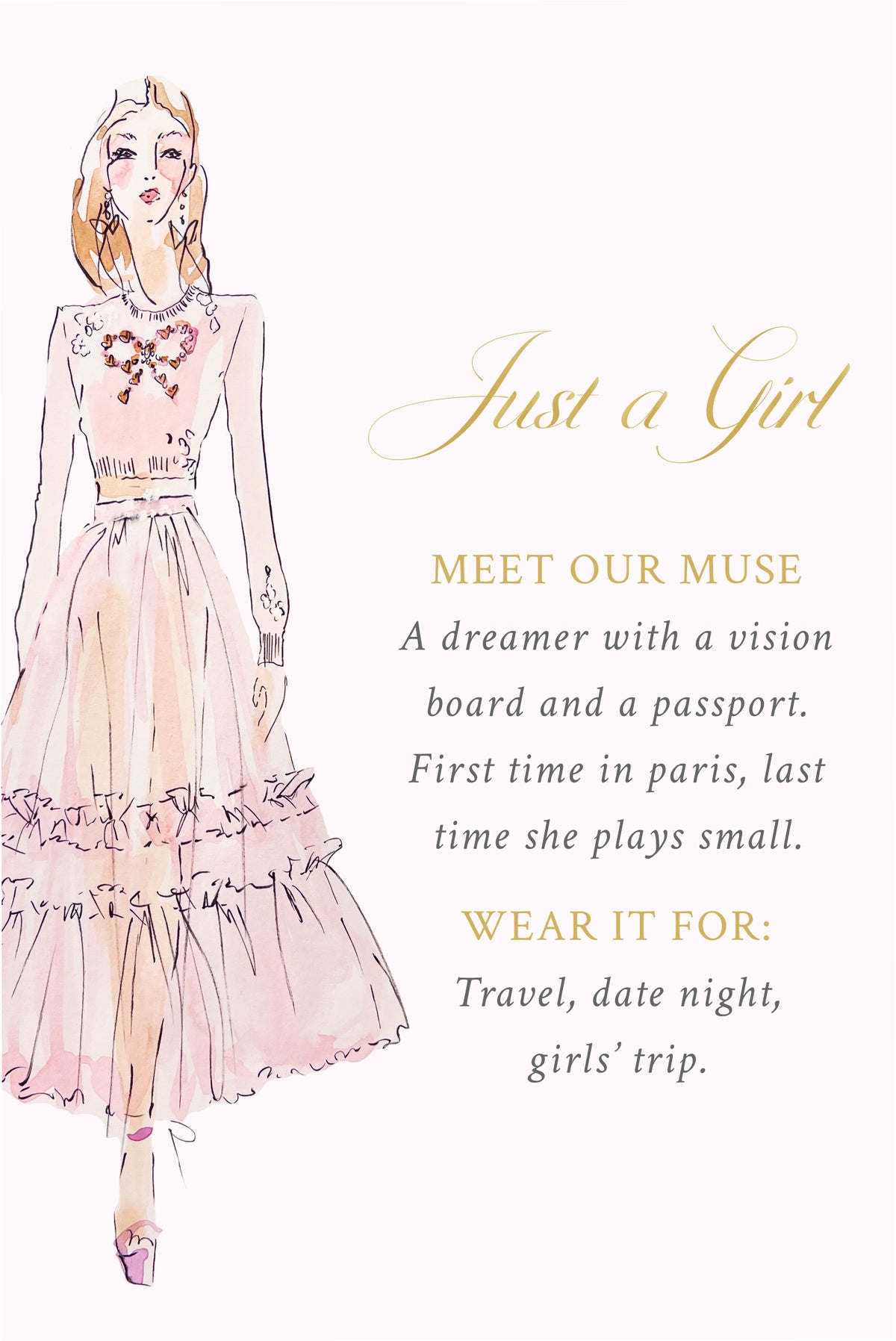 Travel fragrance suite box with illustrated pink dress