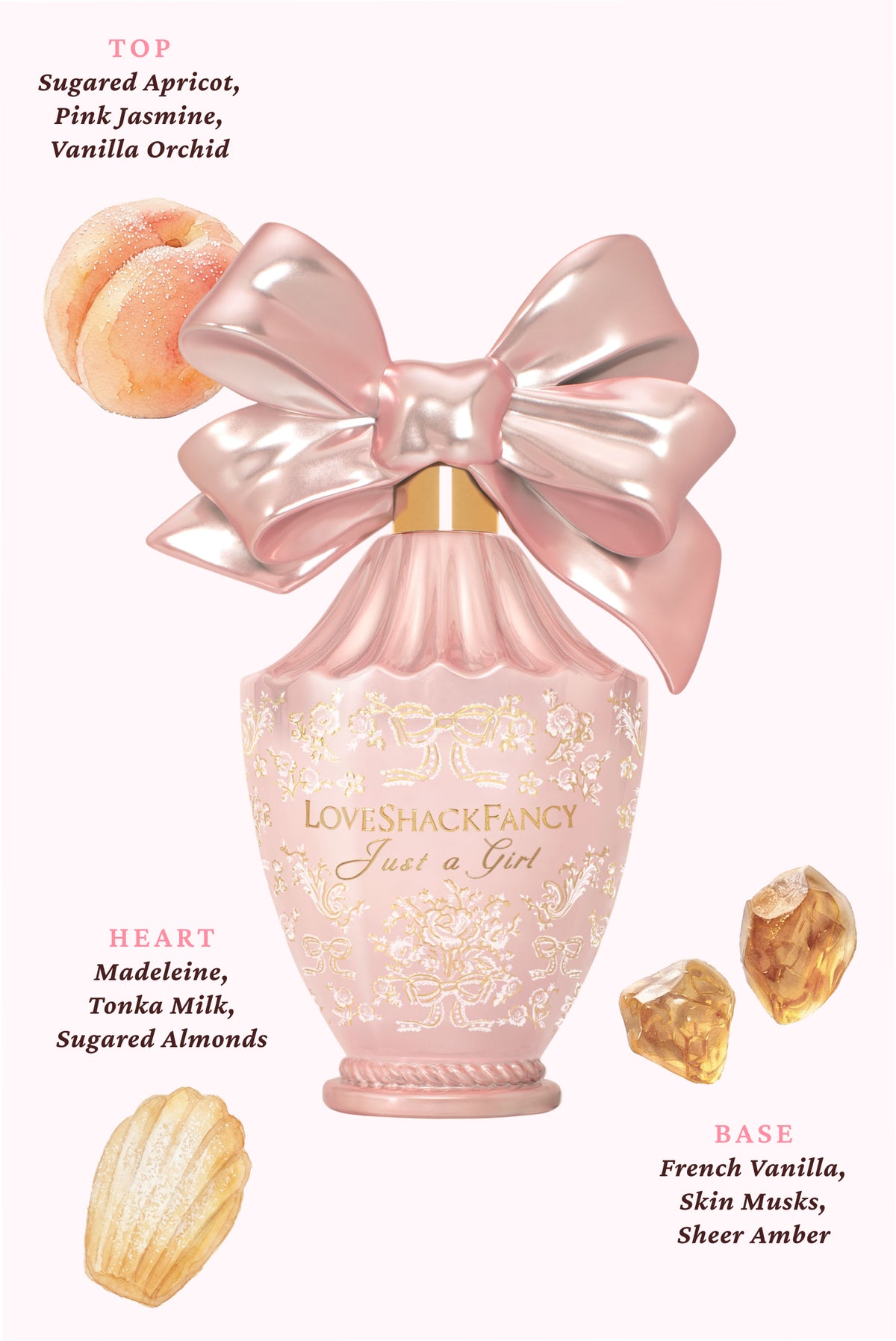 Pink LoveShackFancy fragrance bottle with large satin bow and ingredient labels