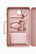 Blush travel fragrance set in open case with heart latch and ribbon bottle