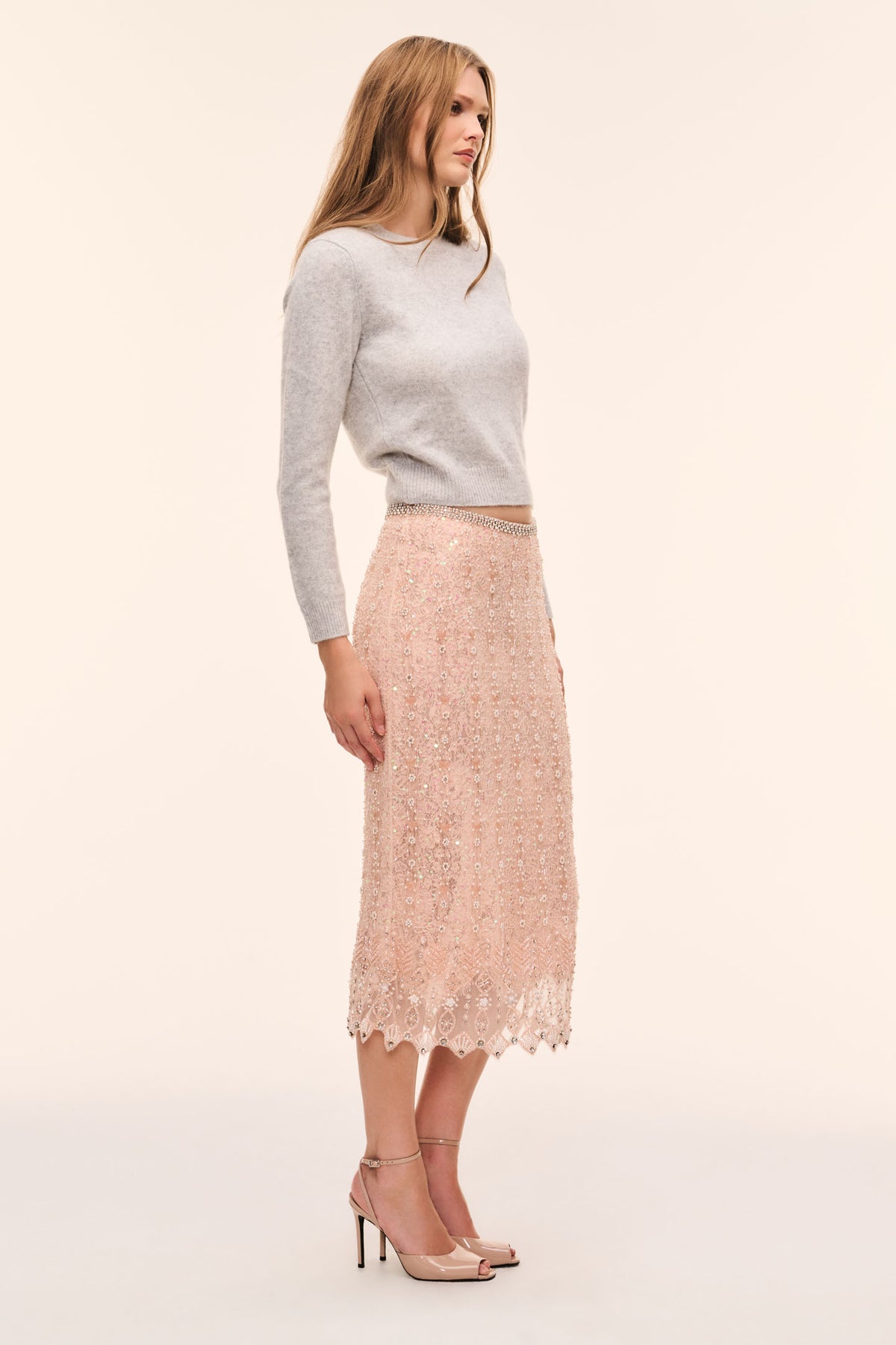 Beaded midi skirt in rose-gold tone, straight silhouette with lace-edged hem
