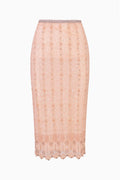 Rose-gold beaded midi skirt, straight cut with scalloped lace hem (flat lay)