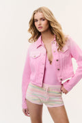 Pink ombre cropped denim jacket with button closure, pointed collar, and chest flap pockets