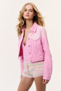 Pink ombre denim jacket with pointed collar, gold-tone button front, and chest patch pockets