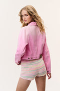 Pink ombre denim jacket back and sleeve view with yoke seams and button tab hem