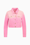 Pink ombre denim jacket with button front, pointed collar, and chest flap pockets