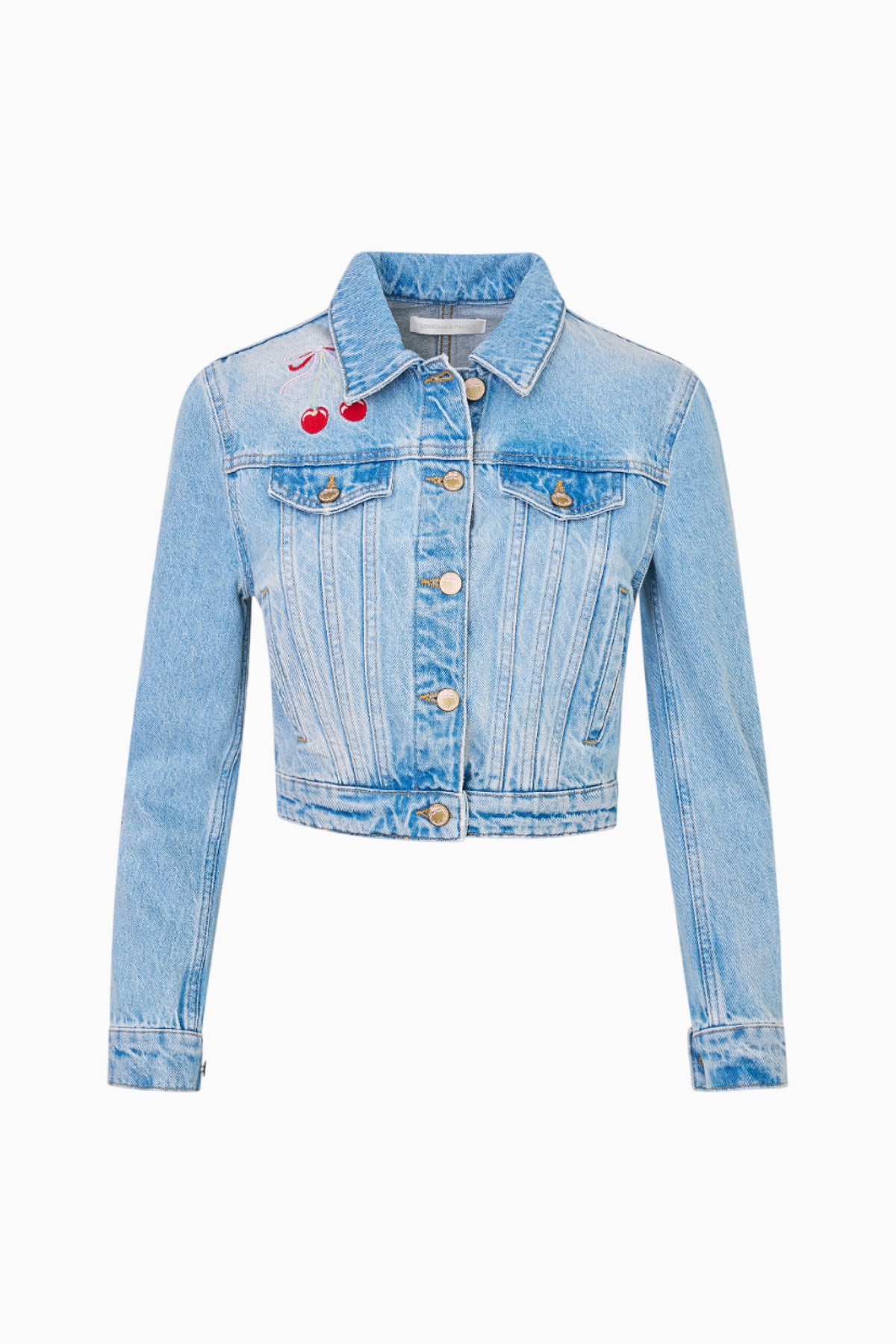 Light wash denim jacket with cherry chest patches and button front, short style