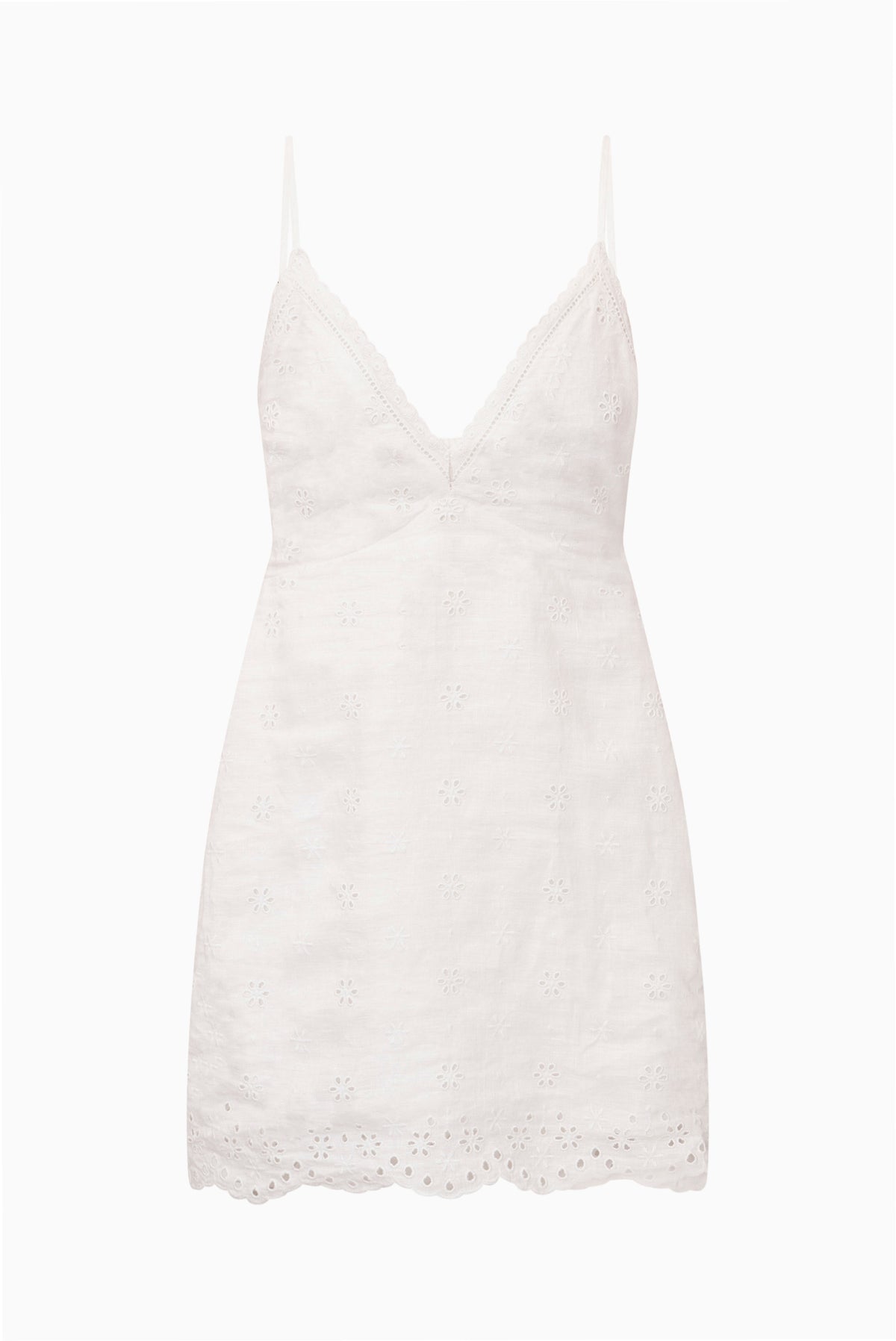 Eyelet linen mini dress in optic white with spaghetti straps and scalloped hem