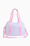 Floral duffel diaper tote with pink straps and gold-tone zipper pull