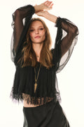 Black sheer long-sleeve silk lace blouse with lace-trim cuffs