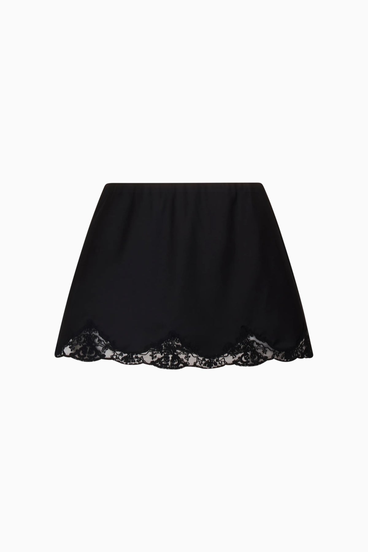 Black slip mini skirt, flat lay with scalloped lace-trim hem