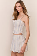 Light blue striped cotton mini bubble skirt with gathered waistband and flared silhouette
