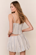 Mini bubble skirt in light blue striped cotton, gathered at waist and flared hem
