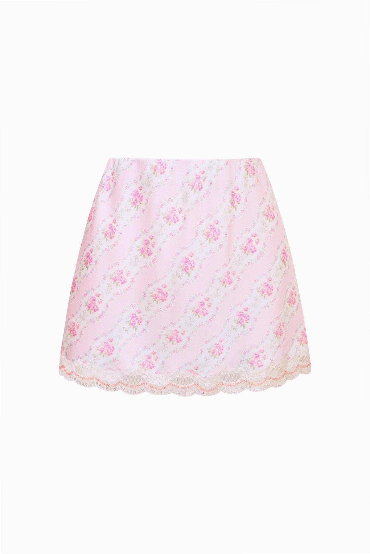 Pink mini satin slip skirt with allover floral print and scalloped lace hem