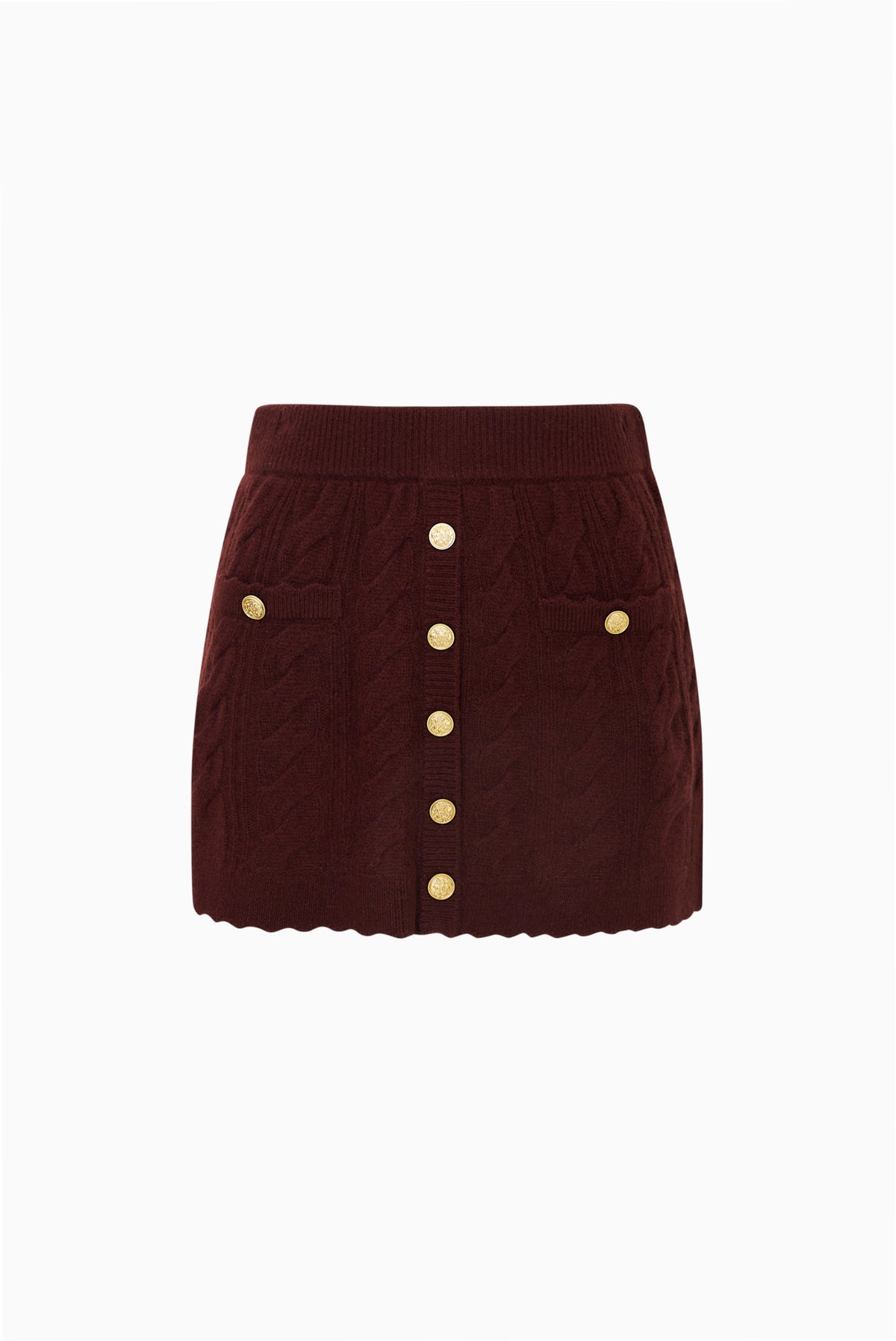 Berritt burgundy mini skirt with gold buttons down the front and on faux front pockets