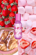 Berry Kiss mist bottle with berry-pink cap, with strawberries and marshmallow pieces
