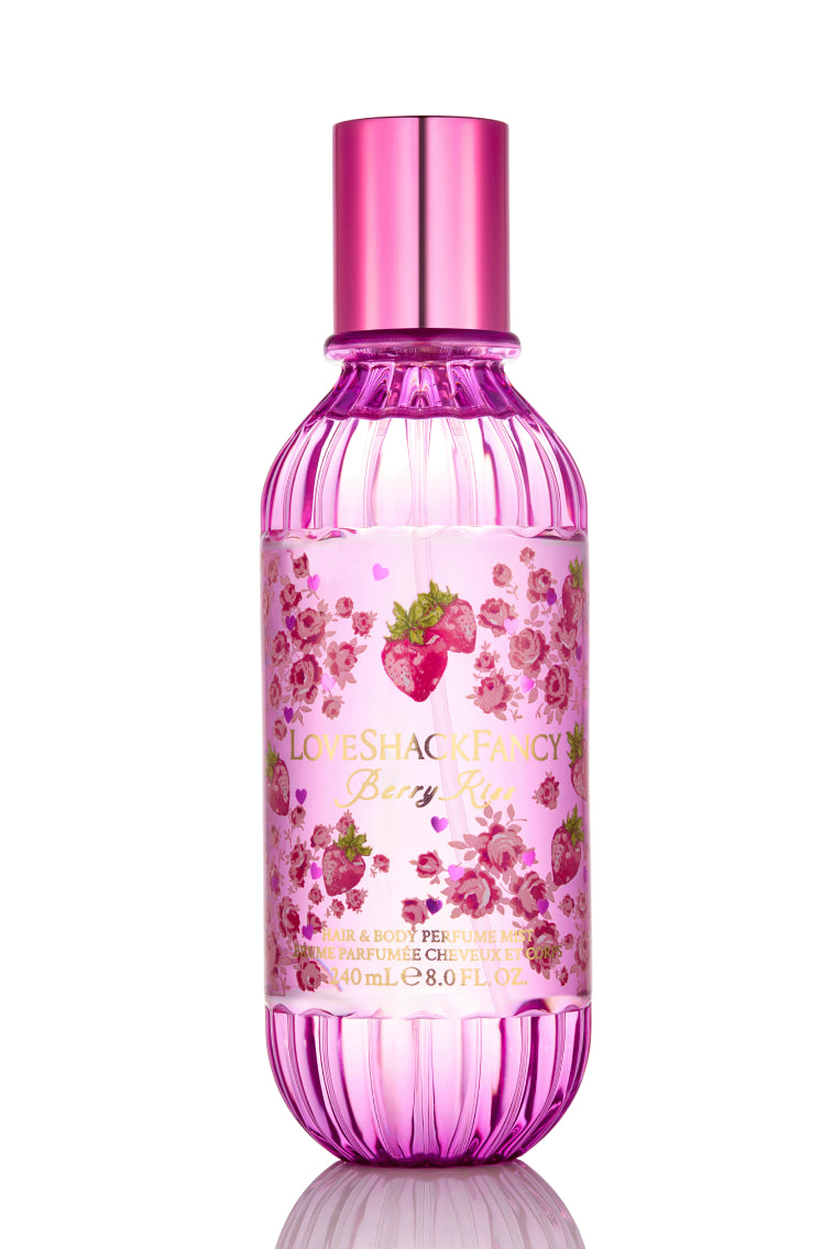 Berry Kiss perfume mist bottle, pink glass with ribbed purple cap