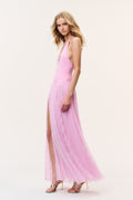 Pink sheer maxi skirt with lace hem detail and high slit
