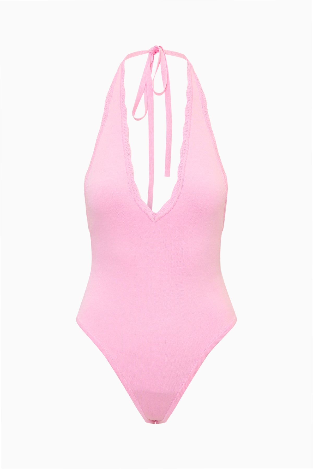 Pink bodysuit with open back and ribbon-tie straps, deep V plunge front