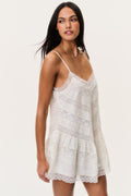 Ivory silk lace mini dress, spaghetti straps, lace trim, and flared hem