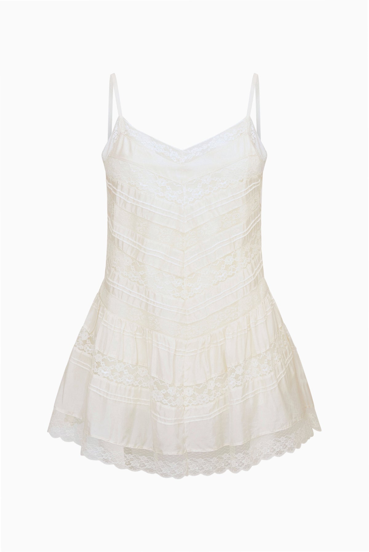 Ivory silk lace mini dress on hanger, spaghetti straps and tiered ruffle hem