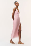 Pink floral maxi dress with V-neck and spaghetti straps, long side slit, lace edge