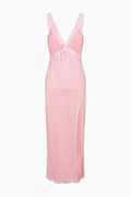 Pink floral maxi dress with V-neck, spaghetti straps, corset-style seams, side slit