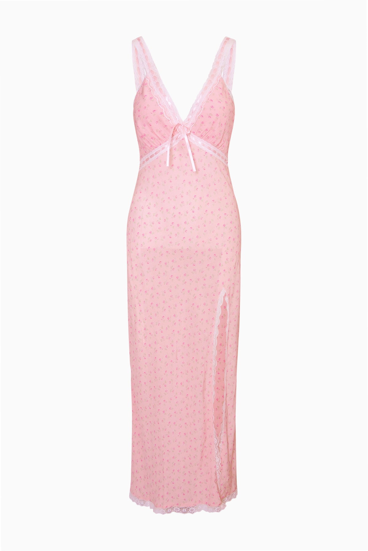Pink floral maxi dress with V-neck, spaghetti straps, corset-style seams, side slit