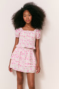 Girls floral tiered ruffle skirt, pink with small flower print