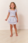 Girls printed tiered ruffle skirt, light blue with scattered pattern