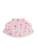 Girls pink heart and kiss print ruffle skirt, tiered layered hem