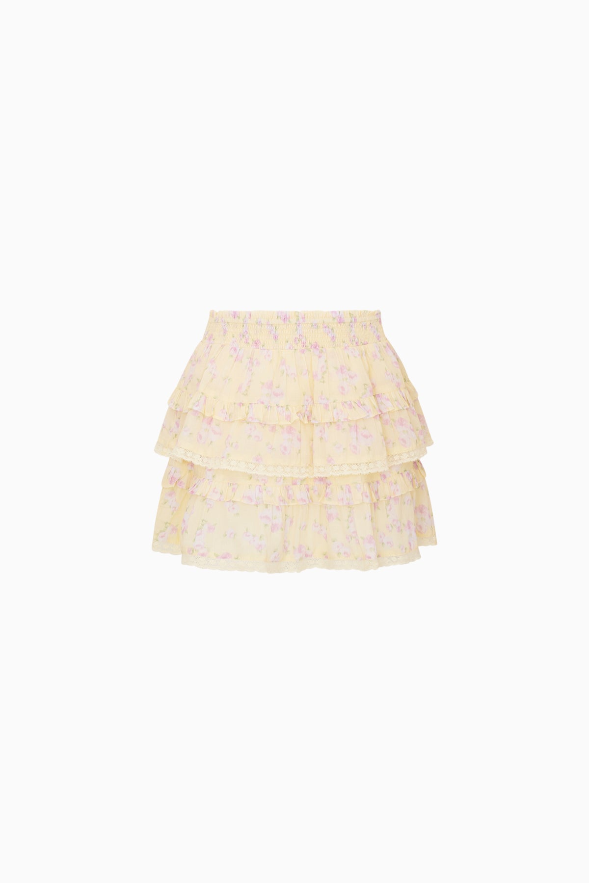 Girls tiered floral skirt with layered ruffles and elastic waistband, yellow print