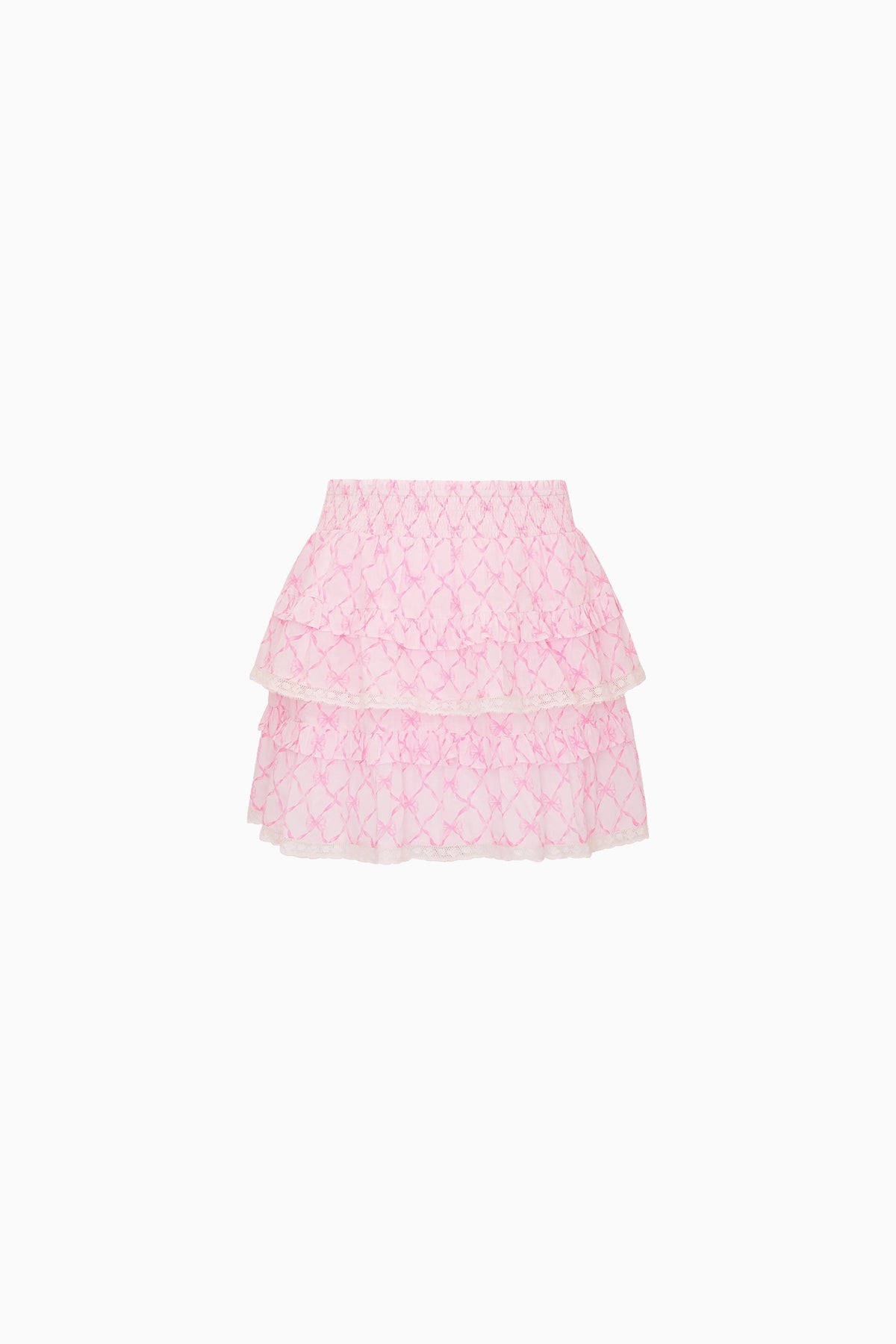 Pink tiered mini skirt with ruffled hem layers