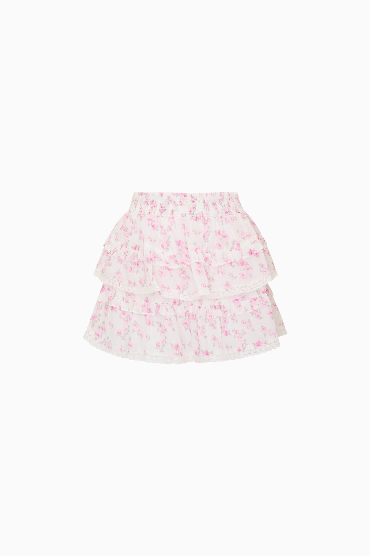 Girls tiered floral skirt with layered ruffles and elastic waistband, pink print