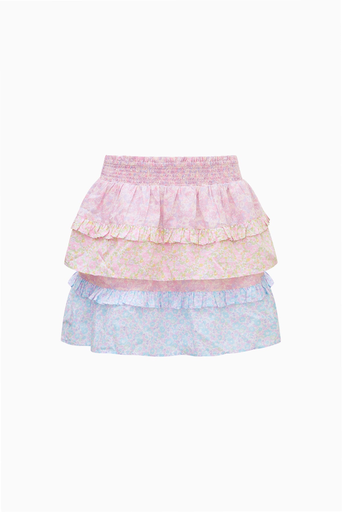 Tween Billie skirt, two-tone ruffle tiers in pink and light blue, elastic waist