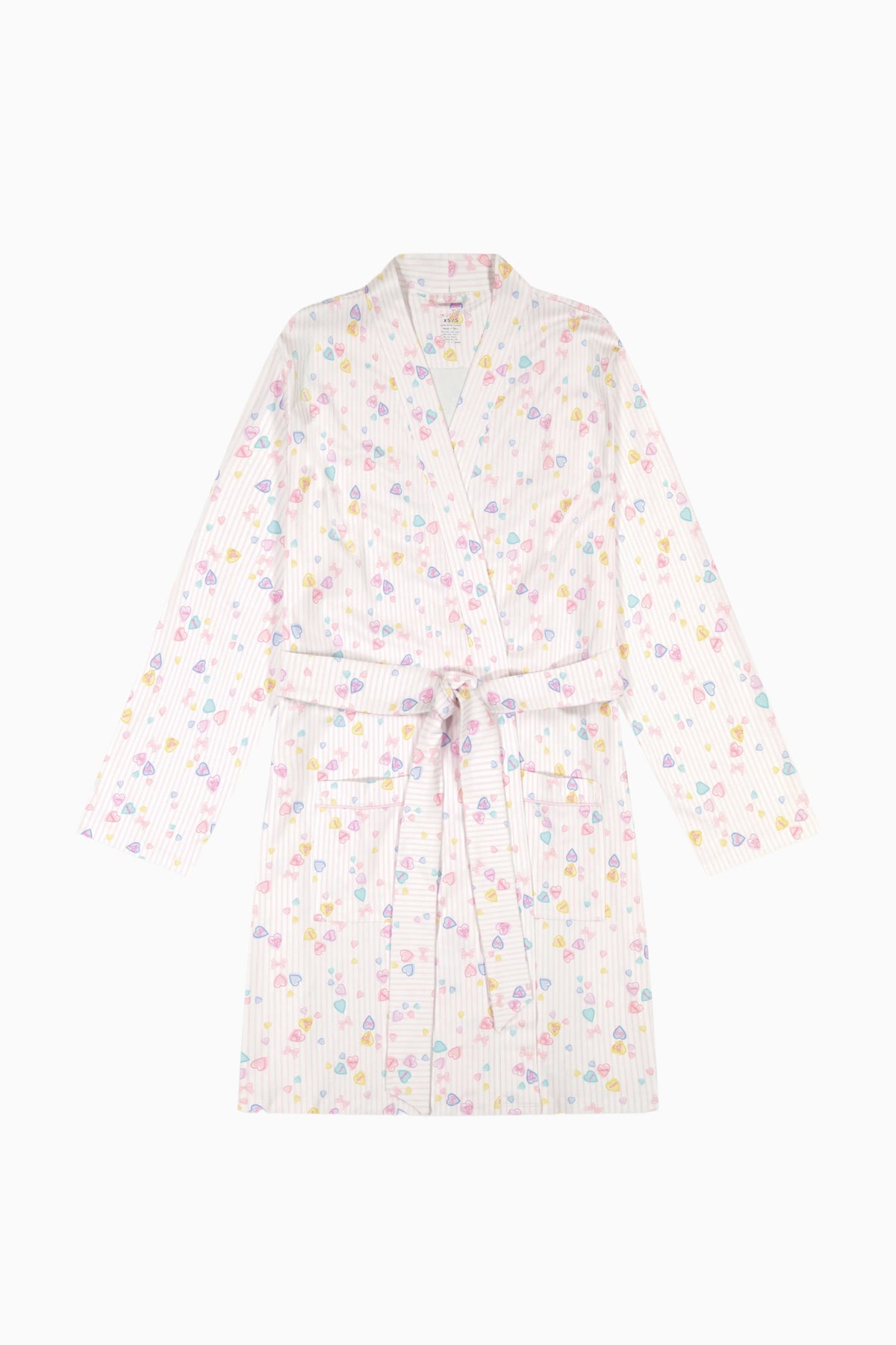 Pastel heart print robe with V-neck and tie belt, long sleeves, knee length
