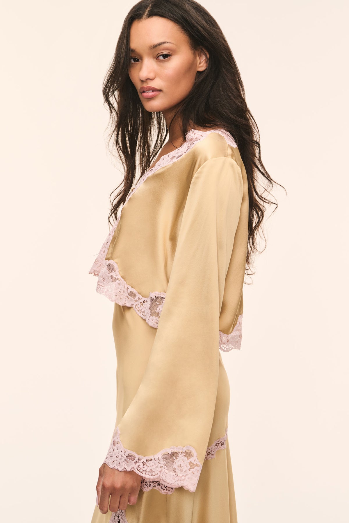 Silk lace top, light tan satin with pink lace trim at neckline and flared sleeves