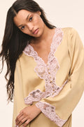 Silk lace top close-up: light tan satin with pink lace V-front and floral embroidery