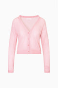 Pink sheer alpaca cardigan flat lay with V-neck and button front
