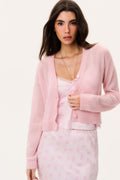 Pink sheer alpaca cardigan with V-neck and button front over lace camisole
