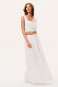 Optic white tiered maxi skirt with smocked waistband and front buttons