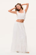 Optic white cotton maxi skirt with button placket and ruffle-trim tiered design