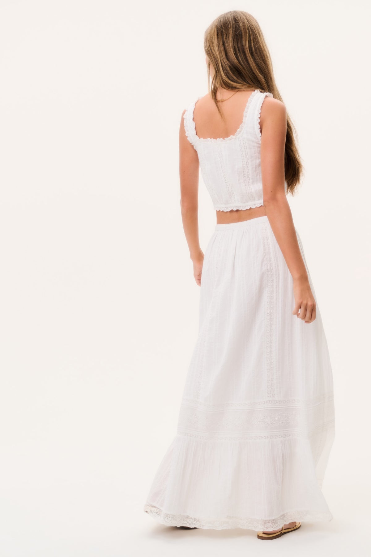 Optic white cotton maxi skirt with tiered ruffle hem and elastic waistband