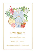 Love Notes fragrance card showing top, heart, and base scent notes