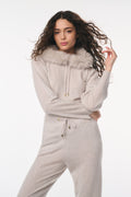 Heather gray faux fur hoodie with drawstring hood and long sleeves