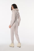 Light heather gray joggers with elastic cuffs and adjustable drawstring waistband