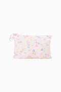 Heart-stripe zip pouch with ruffled trim, blush and pastel colors