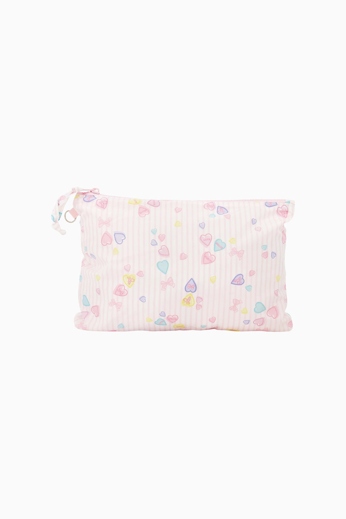 Heart-stripe zip pouch with ruffled trim, blush and pastel colors