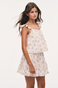 Tiered cotton skirt in antique vanilla with blue and pink floral print