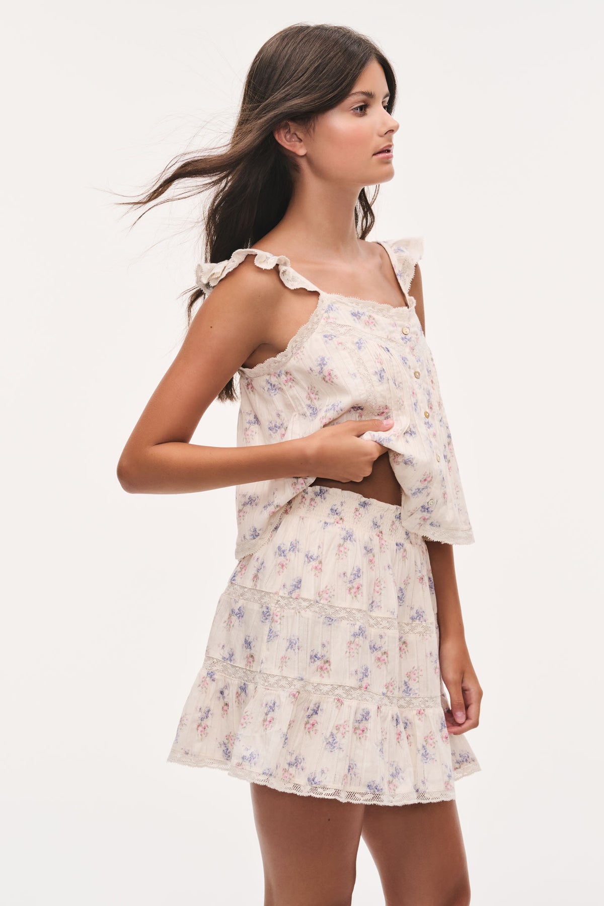 Tiered cotton skirt in antique vanilla, blue and pink floral, side view