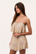 Sunlit sand beaded sequin mini skirt with floral beadwork and scalloped ruffle hem